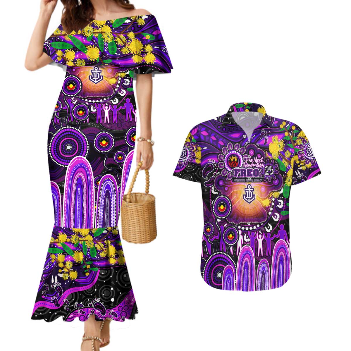 Personalised NAIDOC Week 2025 Freo Football Couples Matching Mermaid Dress and Hawaiian Shirt Aboriginal Dot Painting