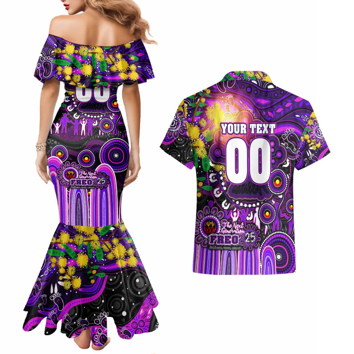 Personalised NAIDOC Week 2025 Freo Football Couples Matching Mermaid Dress and Hawaiian Shirt Aboriginal Dot Painting