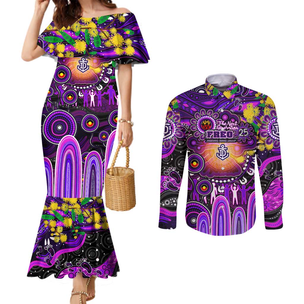 Personalised NAIDOC Week 2025 Freo Football Couples Matching Mermaid Dress and Long Sleeve Button Shirt Aboriginal Dot Painting