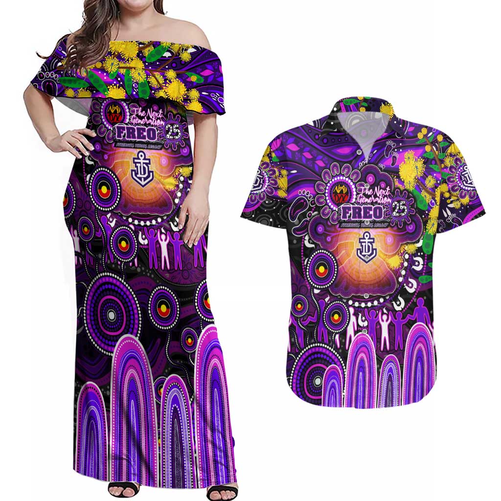 Personalised NAIDOC Week 2025 Freo Football Couples Matching Off Shoulder Maxi Dress and Hawaiian Shirt Aboriginal Dot Painting