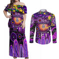 Personalised NAIDOC Week 2025 Freo Football Couples Matching Off Shoulder Maxi Dress and Long Sleeve Button Shirt Aboriginal Dot Painting