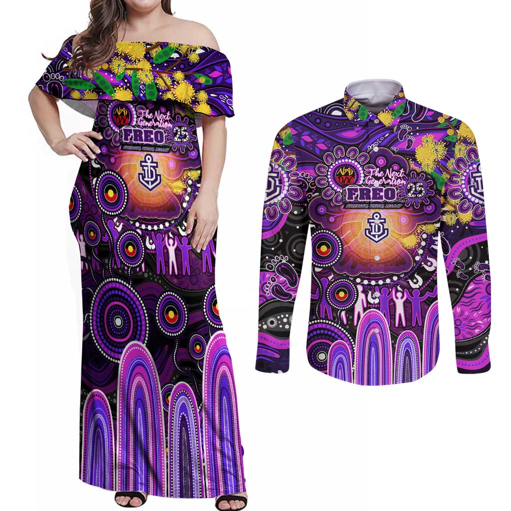 Personalised NAIDOC Week 2025 Freo Football Couples Matching Off Shoulder Maxi Dress and Long Sleeve Button Shirt Aboriginal Dot Painting
