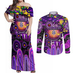 Personalised NAIDOC Week 2025 Freo Football Couples Matching Off Shoulder Maxi Dress and Long Sleeve Button Shirt Aboriginal Dot Painting