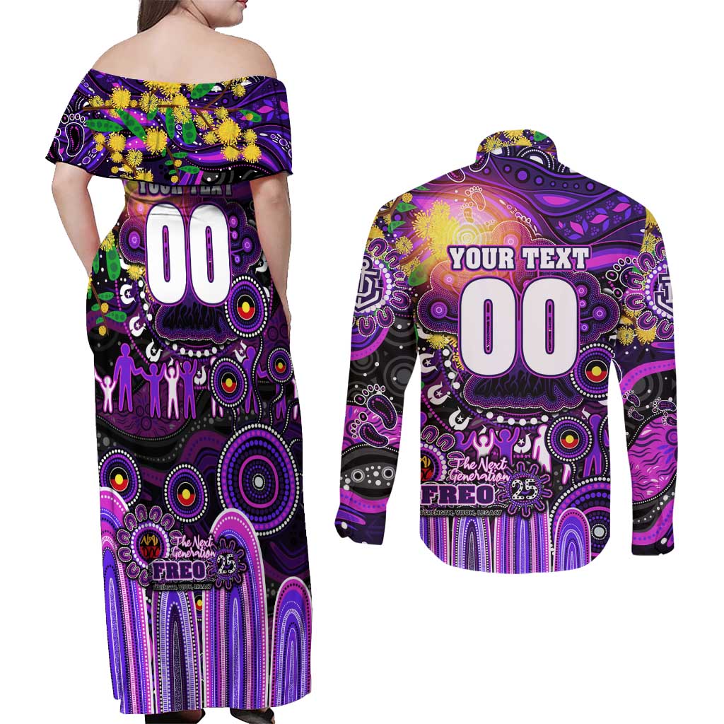Personalised NAIDOC Week 2025 Freo Football Couples Matching Off Shoulder Maxi Dress and Long Sleeve Button Shirt Aboriginal Dot Painting
