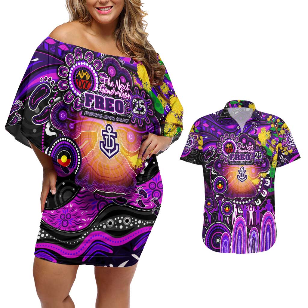 Personalised NAIDOC Week 2025 Freo Football Couples Matching Off Shoulder Short Dress and Hawaiian Shirt Aboriginal Dot Painting
