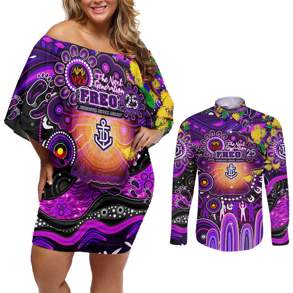 Personalised NAIDOC Week 2025 Freo Football Couples Matching Off Shoulder Short Dress and Long Sleeve Button Shirt Aboriginal Dot Painting