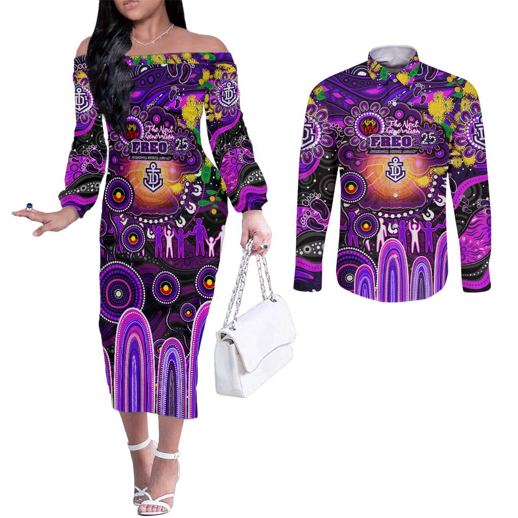 Personalised NAIDOC Week 2025 Freo Football Couples Matching Off The Shoulder Long Sleeve Dress and Long Sleeve Button Shirt Aboriginal Dot Painting