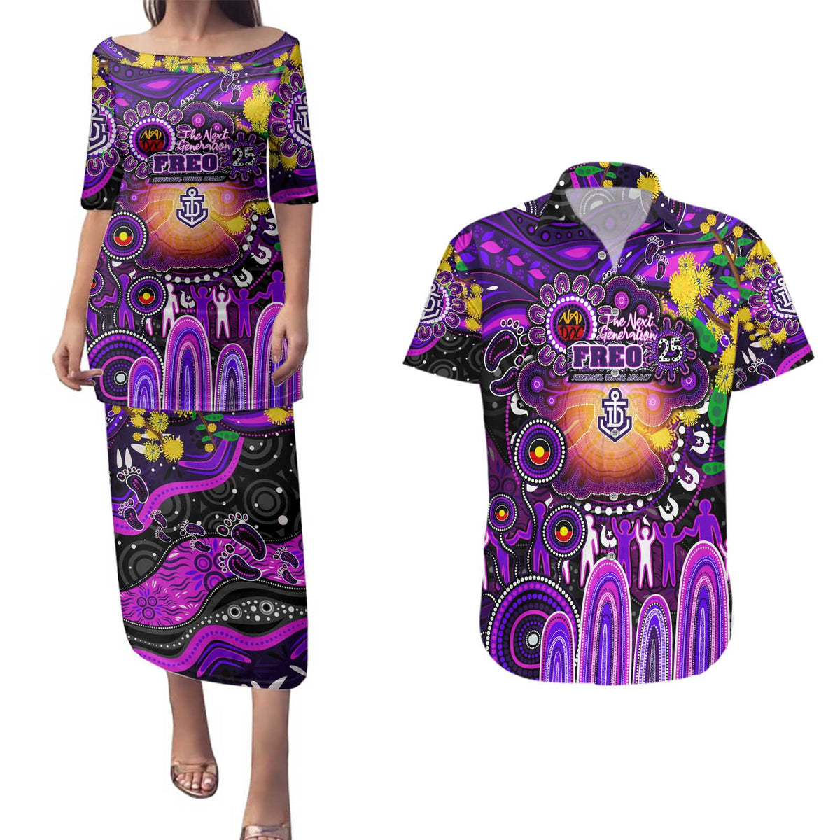 Personalised NAIDOC Week 2025 Freo Football Couples Matching Puletasi and Hawaiian Shirt Aboriginal Dot Painting