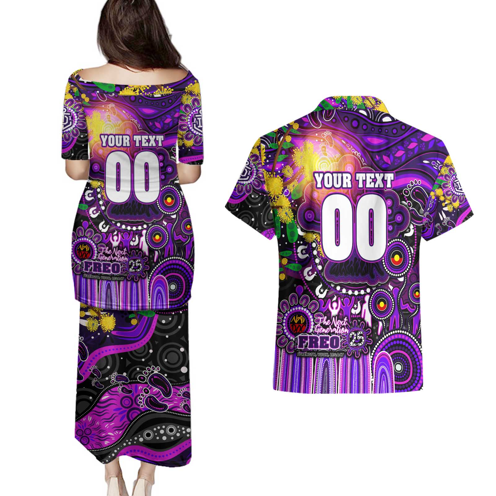 Personalised NAIDOC Week 2025 Freo Football Couples Matching Puletasi and Hawaiian Shirt Aboriginal Dot Painting
