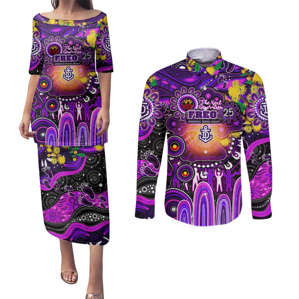 Personalised NAIDOC Week 2025 Freo Football Couples Matching Puletasi and Long Sleeve Button Shirt Aboriginal Dot Painting