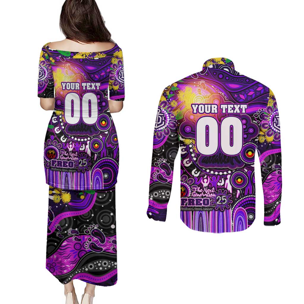 Personalised NAIDOC Week 2025 Freo Football Couples Matching Puletasi and Long Sleeve Button Shirt Aboriginal Dot Painting