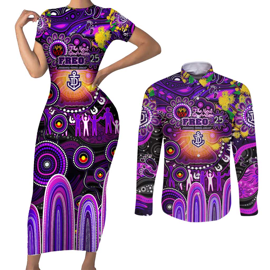 Personalised NAIDOC Week 2025 Freo Football Couples Matching Short Sleeve Bodycon Dress and Long Sleeve Button Shirt Aboriginal Dot Painting