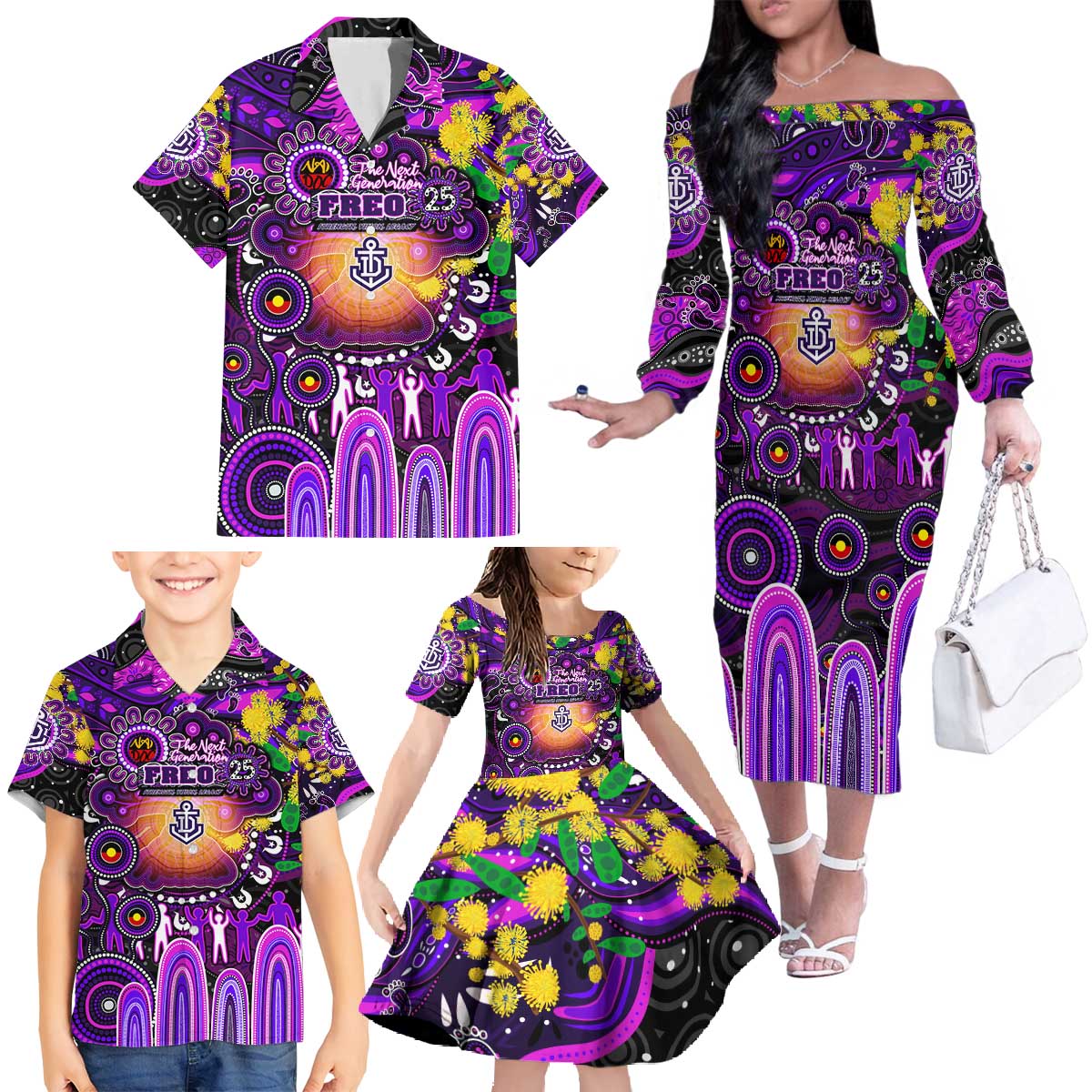 Personalised NAIDOC Week 2025 Freo Football Family Matching Off The Shoulder Long Sleeve Dress and Hawaiian Shirt Aboriginal Dot Painting