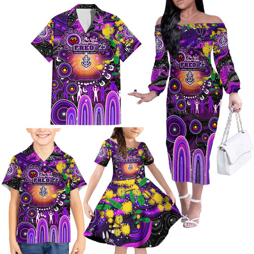 Personalised NAIDOC Week 2025 Freo Football Family Matching Off The Shoulder Long Sleeve Dress and Hawaiian Shirt Aboriginal Dot Painting
