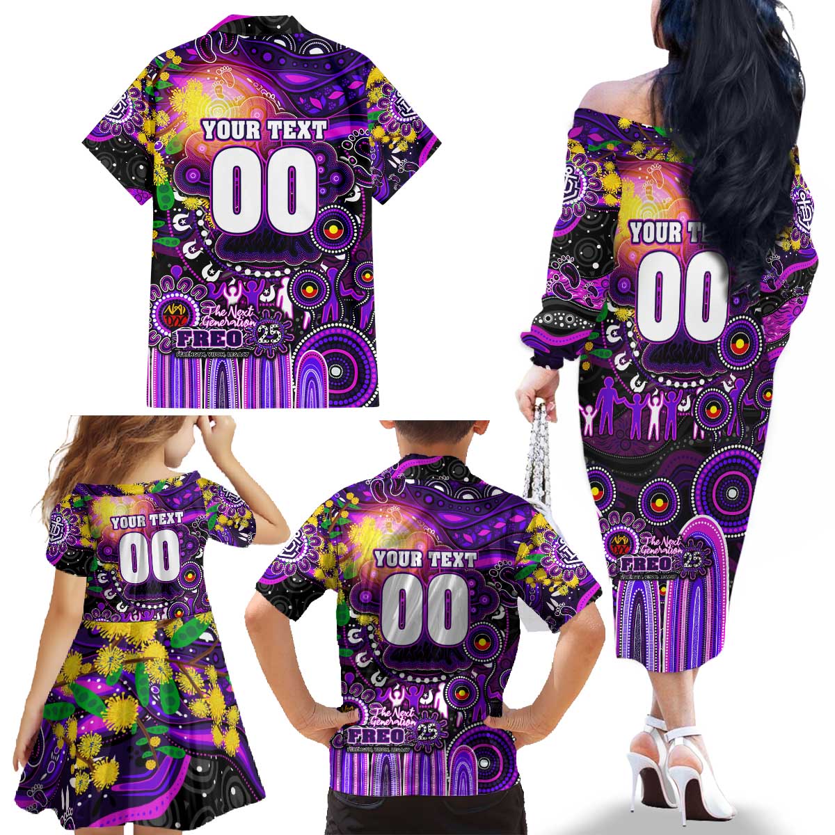 Personalised NAIDOC Week 2025 Freo Football Family Matching Off The Shoulder Long Sleeve Dress and Hawaiian Shirt Aboriginal Dot Painting