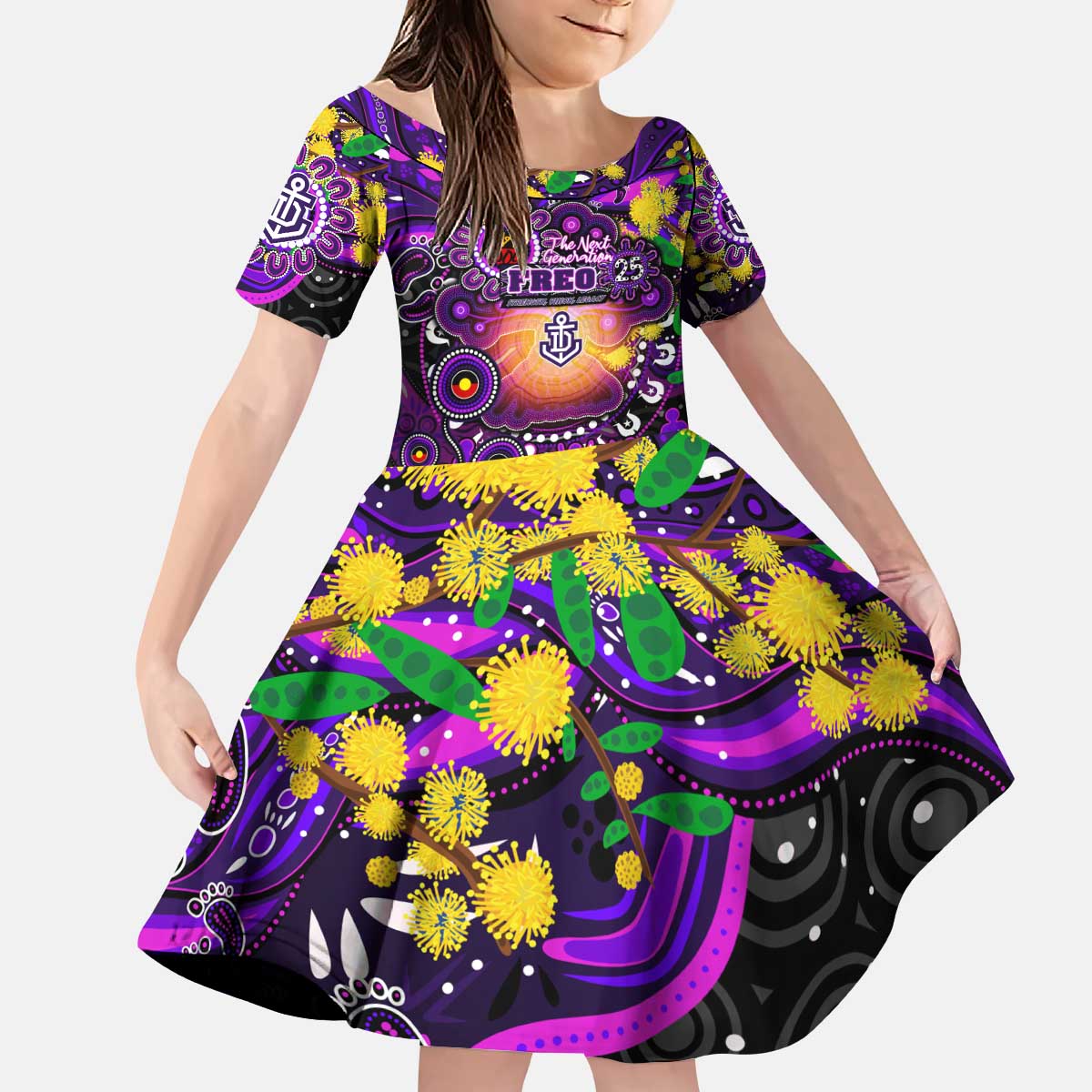 Personalised NAIDOC Week 2025 Freo Football Kid Short Sleeve Dress Aboriginal Dot Painting