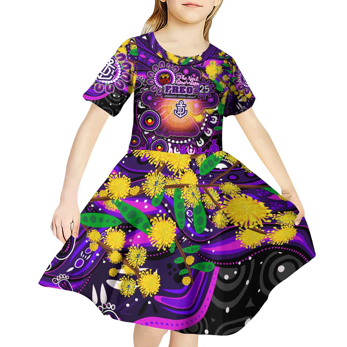 Personalised NAIDOC Week 2025 Freo Football Kid Short Sleeve Dress Aboriginal Dot Painting