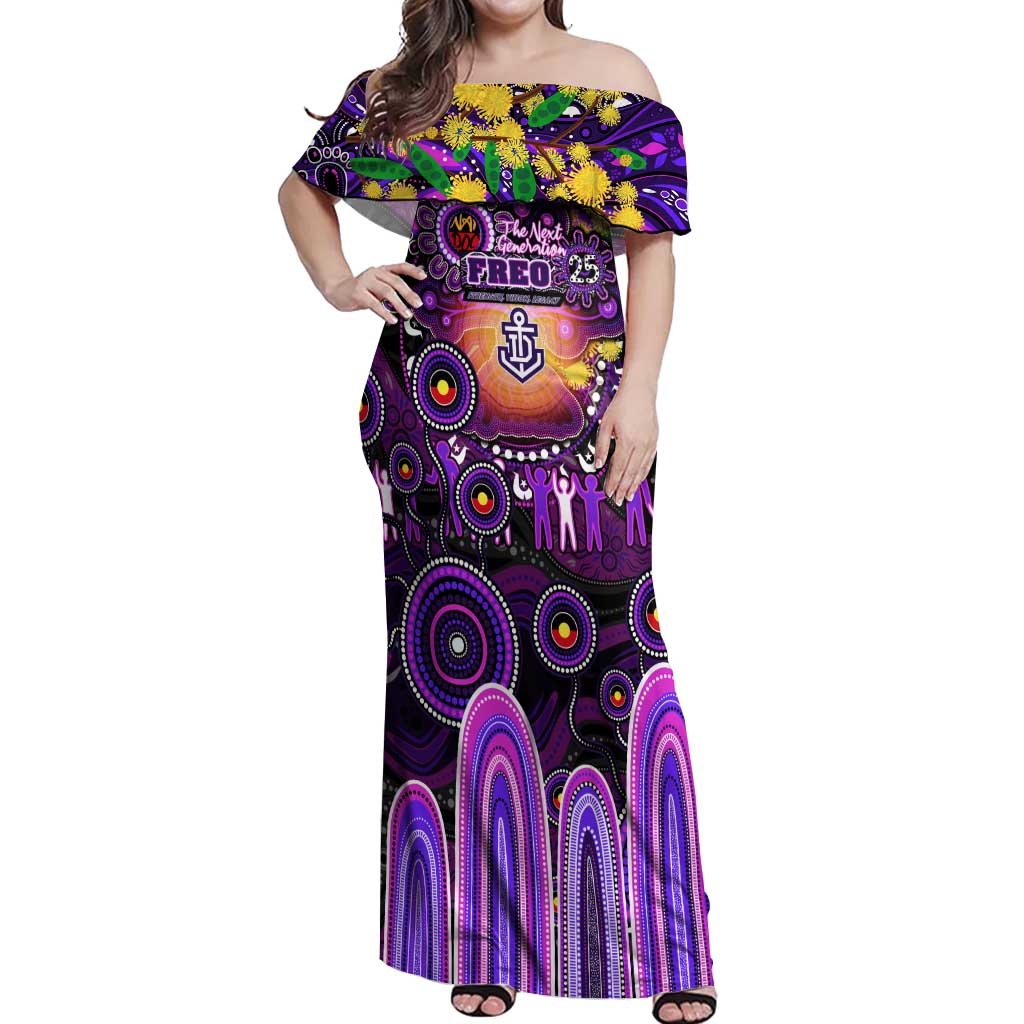 Personalised NAIDOC Week 2025 Freo Football Off Shoulder Maxi Dress Aboriginal Dot Painting