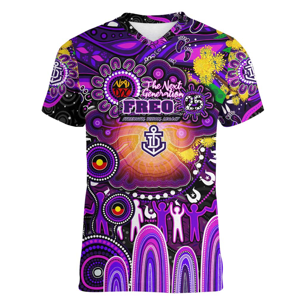 Personalised NAIDOC Week 2025 Freo Football Women V-Neck T-Shirt Aboriginal Dot Painting