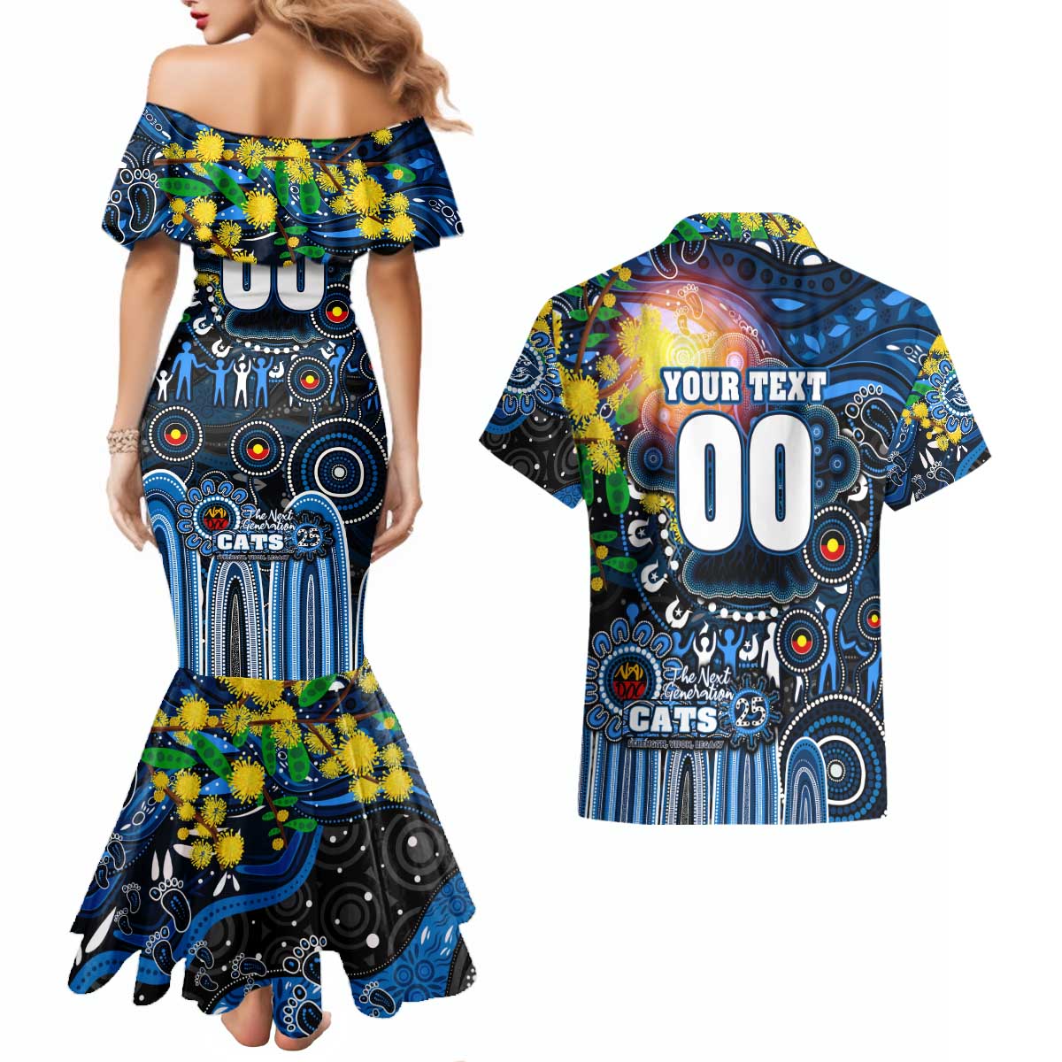 Personalised NAIDOC Week 2025 Cats Football Couples Matching Mermaid Dress and Hawaiian Shirt Aboriginal Dot Painting
