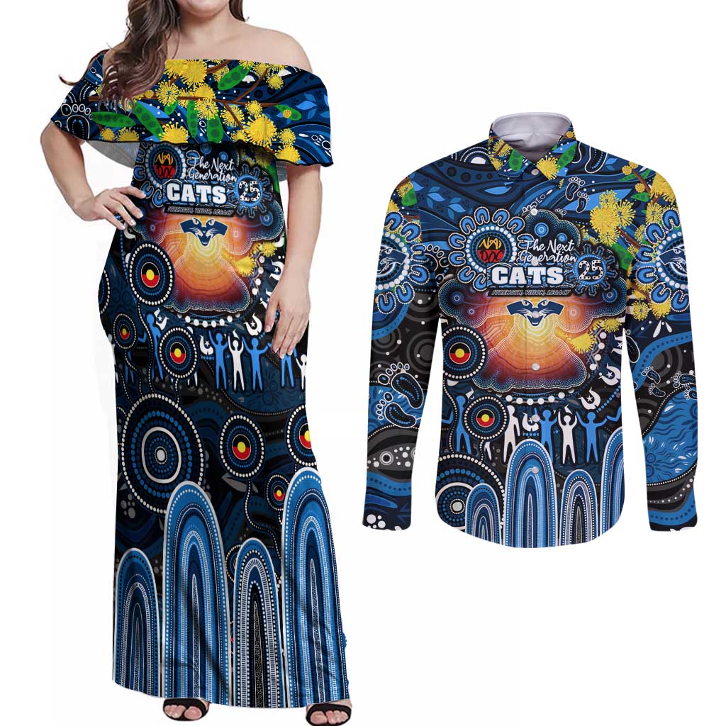 Personalised NAIDOC Week 2025 Cats Football Couples Matching Off Shoulder Maxi Dress and Long Sleeve Button Shirt Aboriginal Dot Painting
