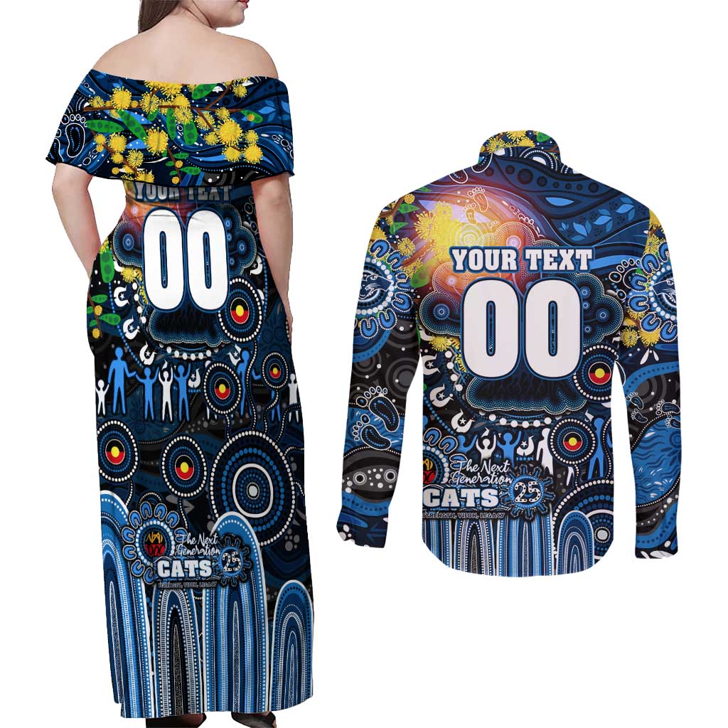 Personalised NAIDOC Week 2025 Cats Football Couples Matching Off Shoulder Maxi Dress and Long Sleeve Button Shirt Aboriginal Dot Painting