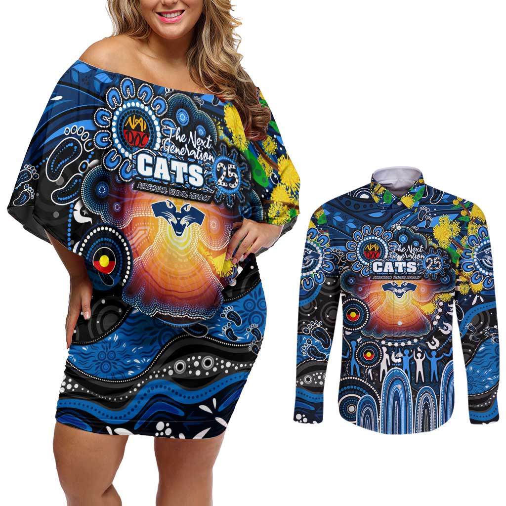 Personalised NAIDOC Week 2025 Cats Football Couples Matching Off Shoulder Short Dress and Long Sleeve Button Shirt Aboriginal Dot Painting