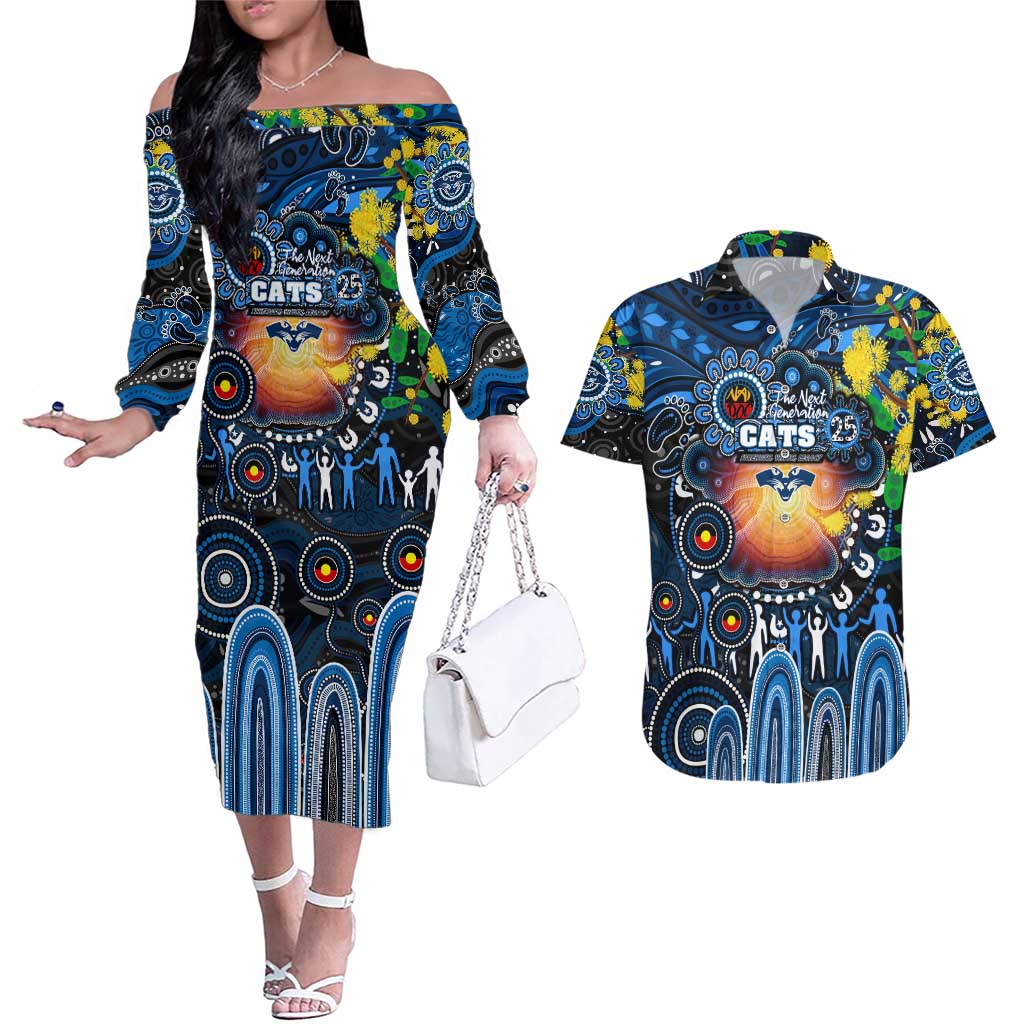 Personalised NAIDOC Week 2025 Cats Football Couples Matching Off The Shoulder Long Sleeve Dress and Hawaiian Shirt Aboriginal Dot Painting