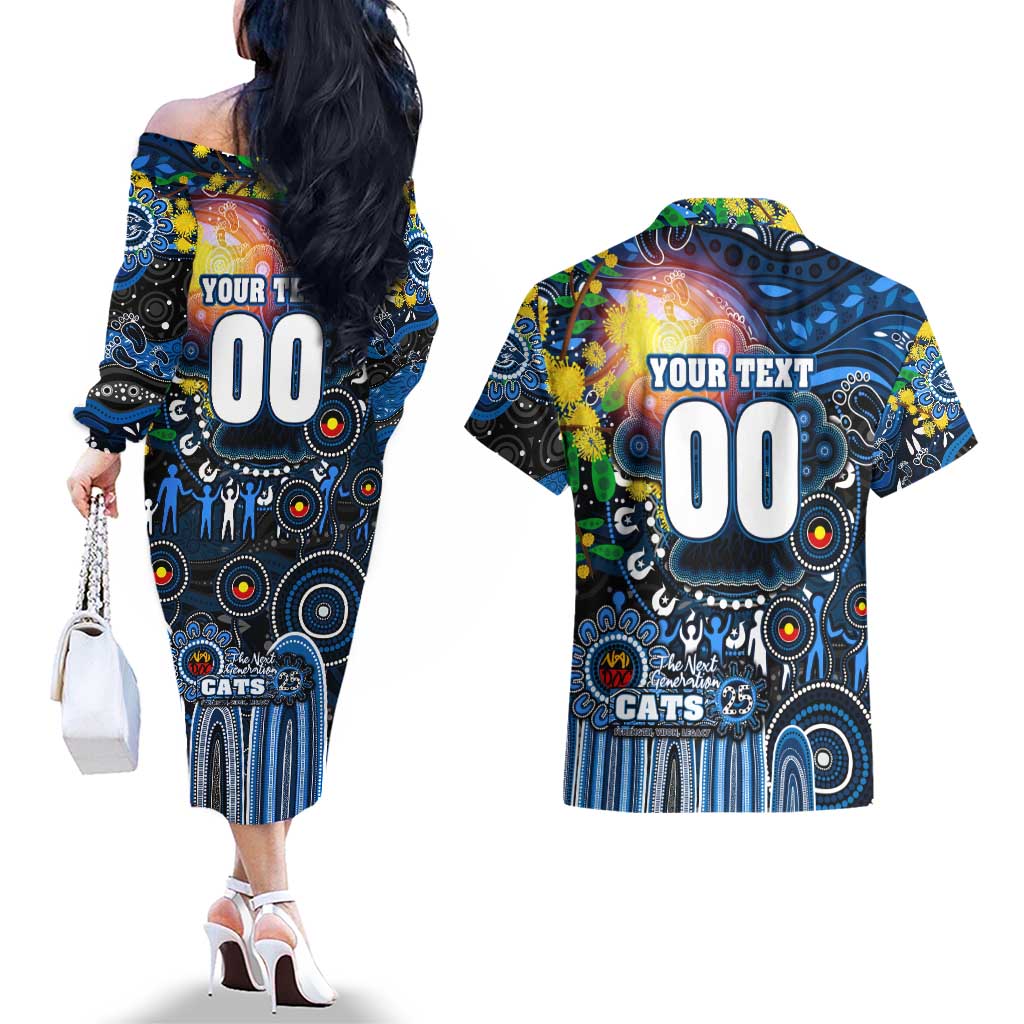 Personalised NAIDOC Week 2025 Cats Football Couples Matching Off The Shoulder Long Sleeve Dress and Hawaiian Shirt Aboriginal Dot Painting