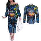 Personalised NAIDOC Week 2025 Cats Football Couples Matching Off The Shoulder Long Sleeve Dress and Long Sleeve Button Shirt Aboriginal Dot Painting