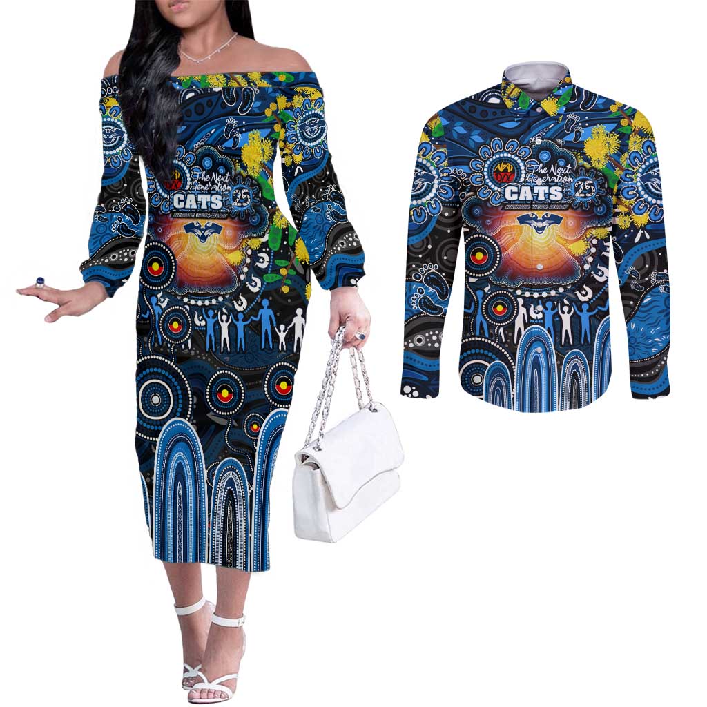 Personalised NAIDOC Week 2025 Cats Football Couples Matching Off The Shoulder Long Sleeve Dress and Long Sleeve Button Shirt Aboriginal Dot Painting