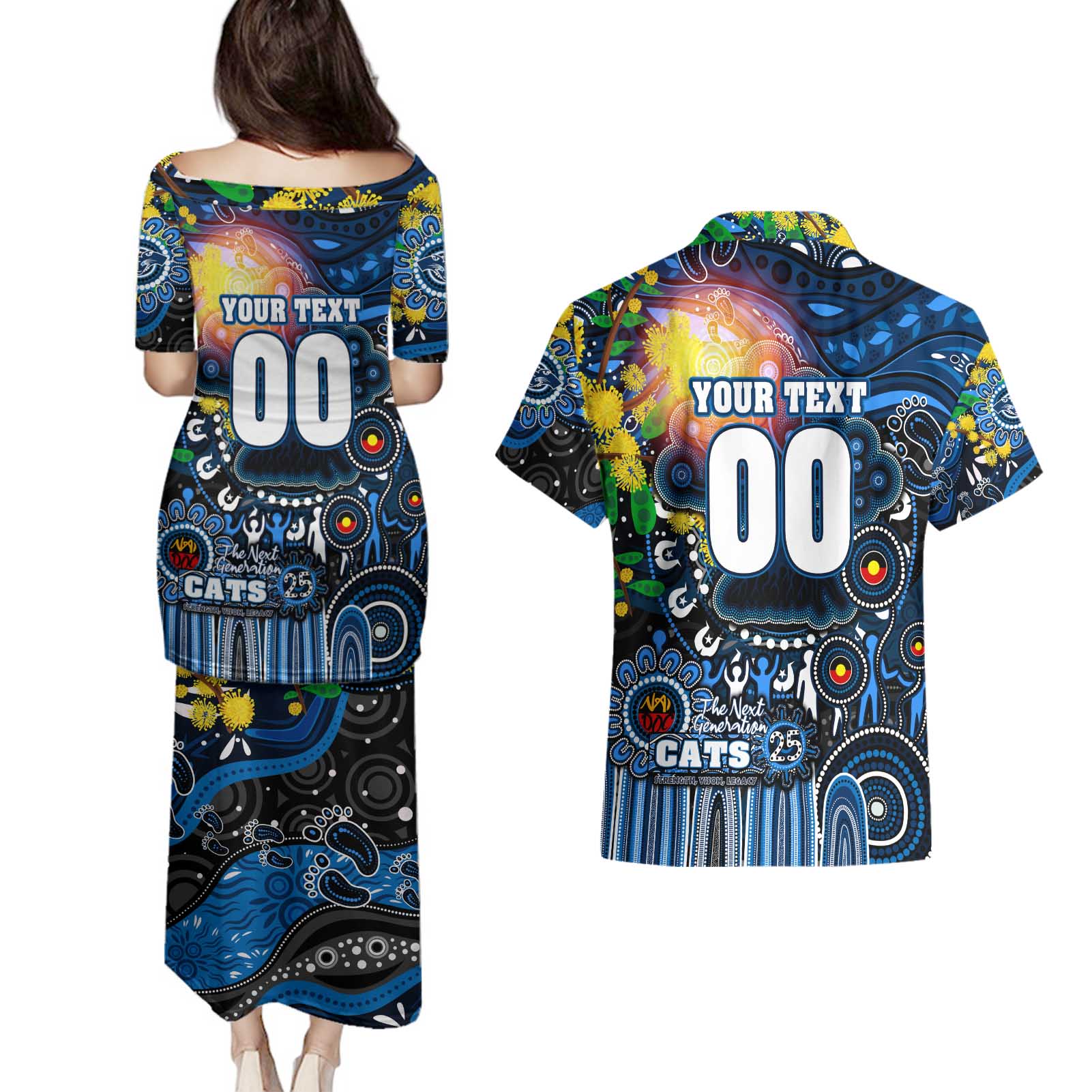 Personalised NAIDOC Week 2025 Cats Football Couples Matching Puletasi and Hawaiian Shirt Aboriginal Dot Painting