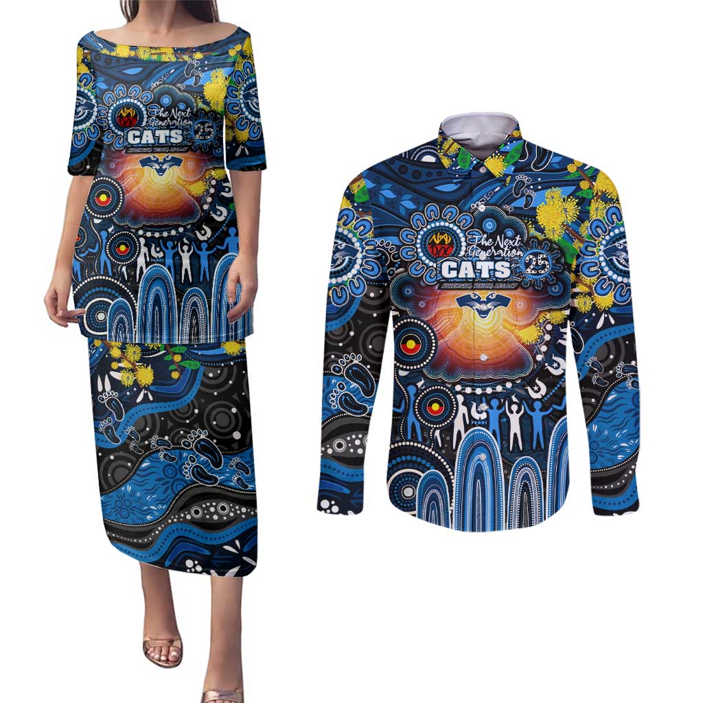 Personalised NAIDOC Week 2025 Cats Football Couples Matching Puletasi and Long Sleeve Button Shirt Aboriginal Dot Painting