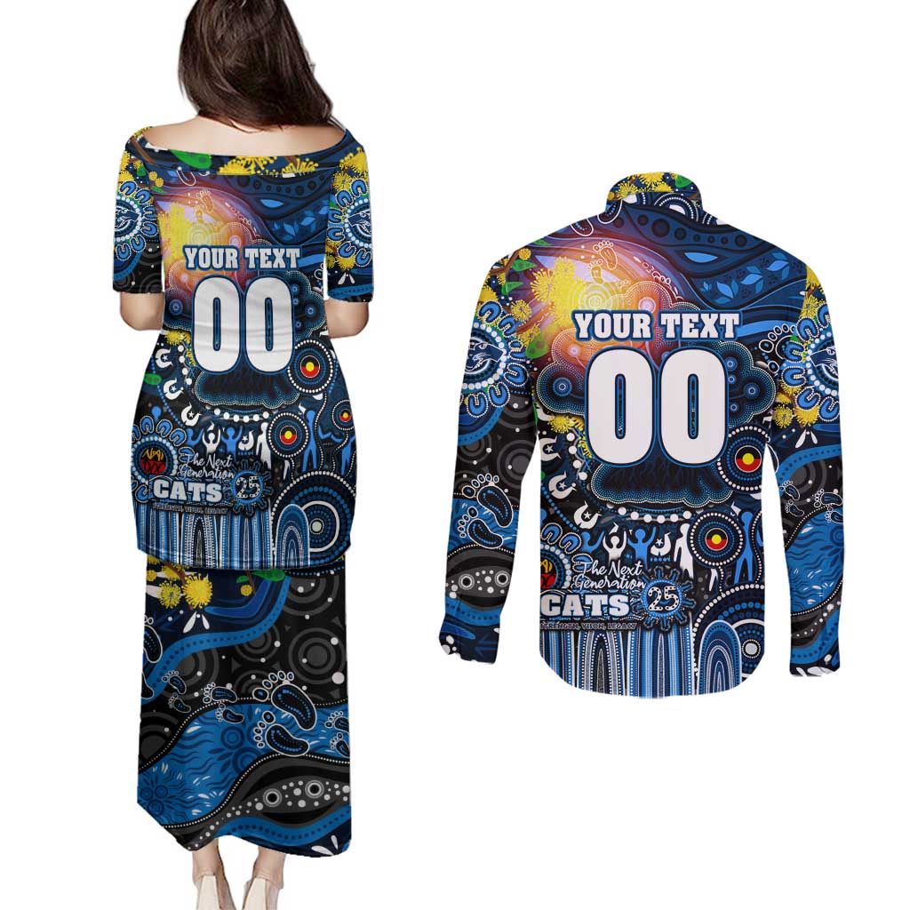 Personalised NAIDOC Week 2025 Cats Football Couples Matching Puletasi and Long Sleeve Button Shirt Aboriginal Dot Painting