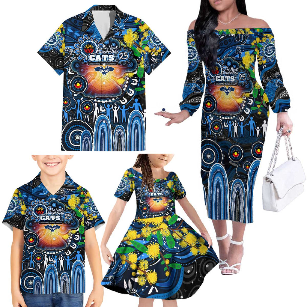 Personalised NAIDOC Week 2025 Cats Football Family Matching Off The Shoulder Long Sleeve Dress and Hawaiian Shirt Aboriginal Dot Painting