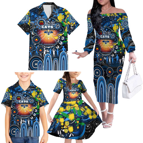 Personalised NAIDOC Week 2025 Cats Football Family Matching Off The Shoulder Long Sleeve Dress and Hawaiian Shirt Aboriginal Dot Painting