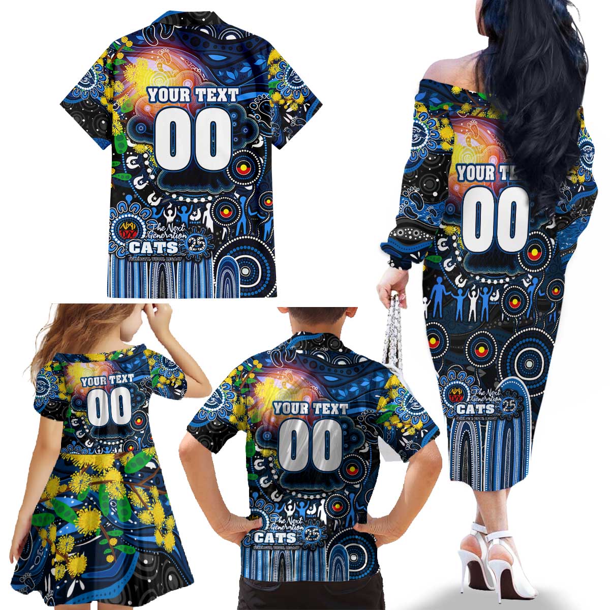 Personalised NAIDOC Week 2025 Cats Football Family Matching Off The Shoulder Long Sleeve Dress and Hawaiian Shirt Aboriginal Dot Painting