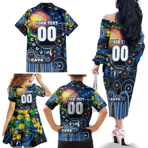 Personalised NAIDOC Week 2025 Cats Football Family Matching Off The Shoulder Long Sleeve Dress and Hawaiian Shirt Aboriginal Dot Painting