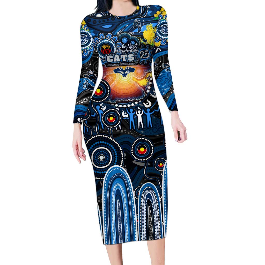 Personalised NAIDOC Week 2025 Cats Football Long Sleeve Bodycon Dress Aboriginal Dot Painting