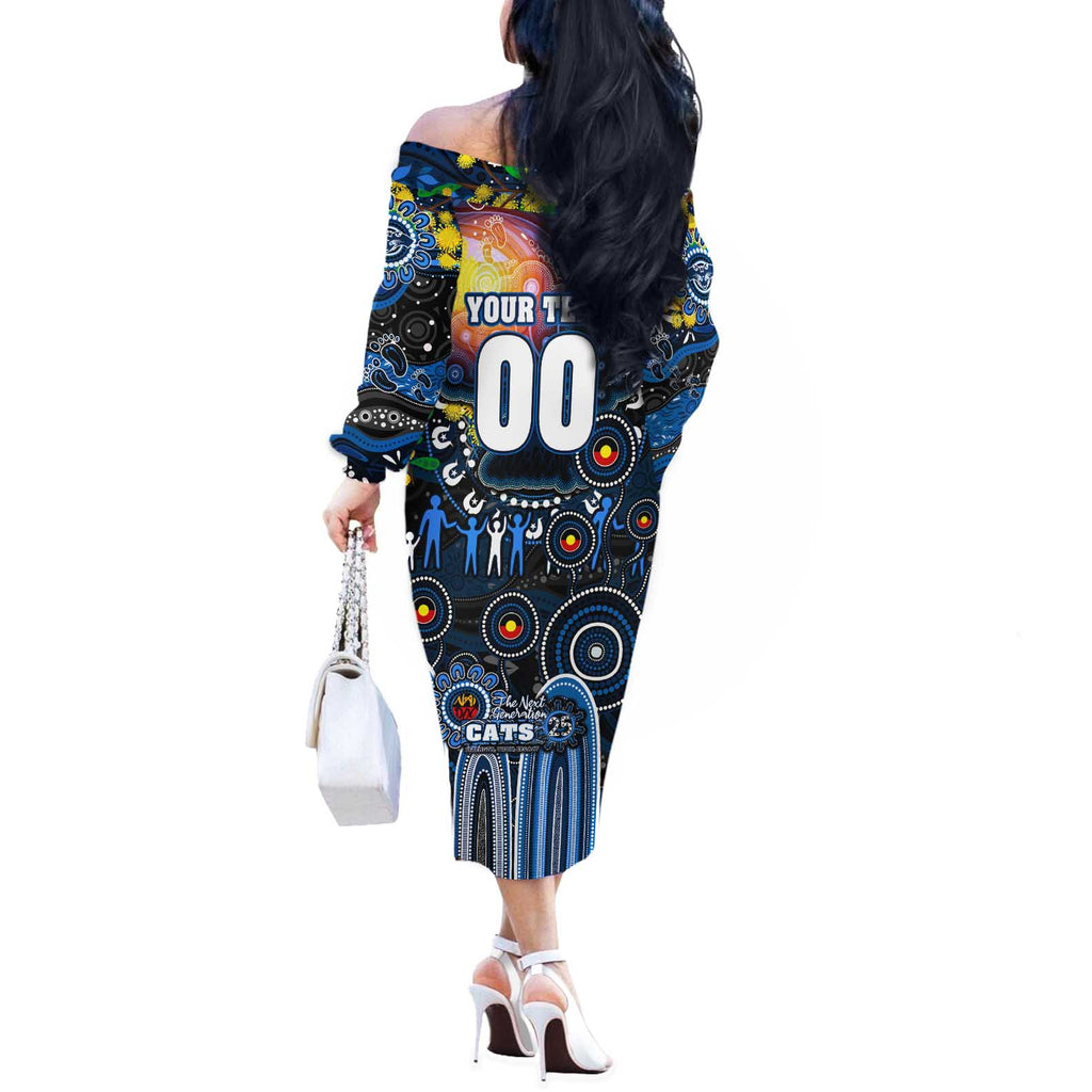 Personalised NAIDOC Week 2025 Cats Football Off The Shoulder Long Sleeve Dress Aboriginal Dot Painting