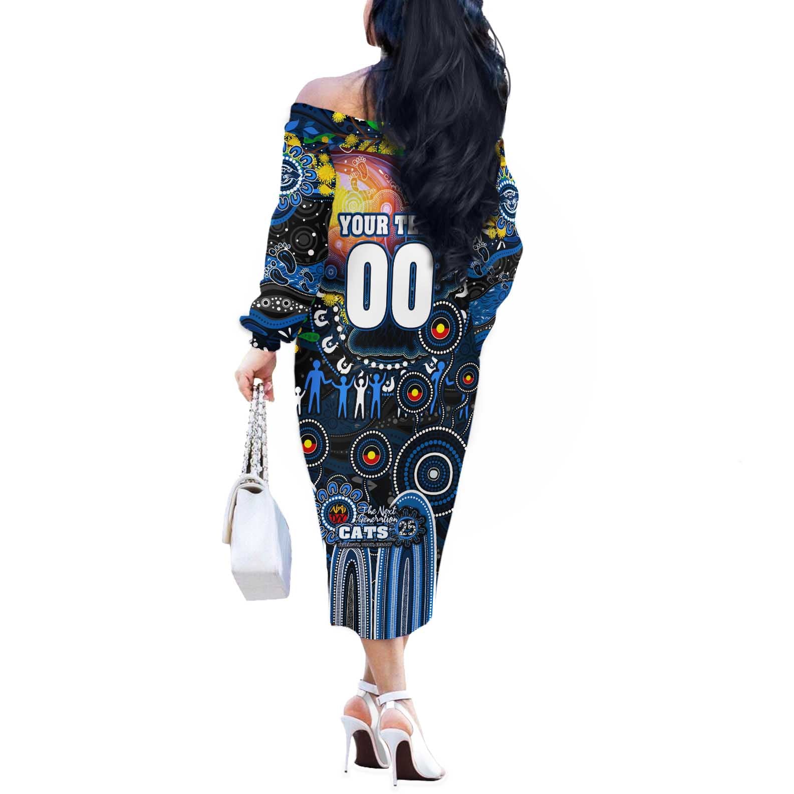 Personalised NAIDOC Week 2025 Cats Football Off The Shoulder Long Sleeve Dress Aboriginal Dot Painting
