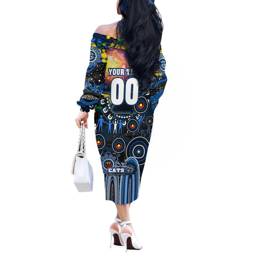 Personalised NAIDOC Week 2025 Cats Football Off The Shoulder Long Sleeve Dress Aboriginal Dot Painting