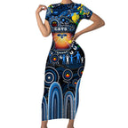 Personalised NAIDOC Week 2025 Cats Football Short Sleeve Bodycon Dress Aboriginal Dot Painting