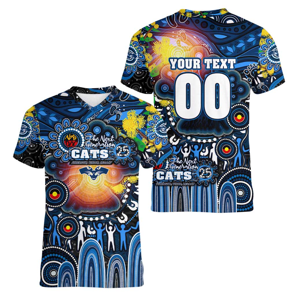 Personalised NAIDOC Week 2025 Cats Football Women V-Neck T-Shirt Aboriginal Dot Painting