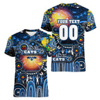 Personalised NAIDOC Week 2025 Cats Football Women V-Neck T-Shirt Aboriginal Dot Painting