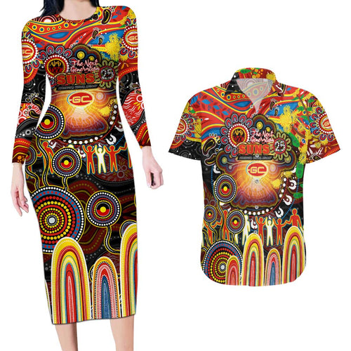 Personalised NAIDOC Week 2025 Suns Football Couples Matching Long Sleeve Bodycon Dress and Hawaiian Shirt Aboriginal Dot Painting