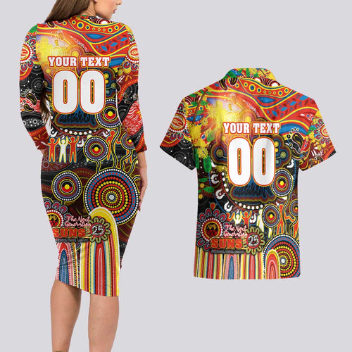 Personalised NAIDOC Week 2025 Suns Football Couples Matching Long Sleeve Bodycon Dress and Hawaiian Shirt Aboriginal Dot Painting