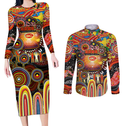 Personalised NAIDOC Week 2025 Suns Football Couples Matching Long Sleeve Bodycon Dress and Long Sleeve Button Shirt Aboriginal Dot Painting