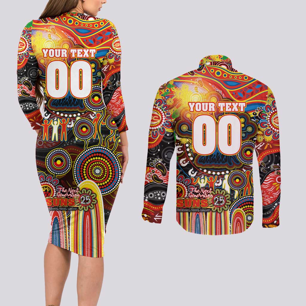 Personalised NAIDOC Week 2025 Suns Football Couples Matching Long Sleeve Bodycon Dress and Long Sleeve Button Shirt Aboriginal Dot Painting