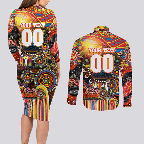 Personalised NAIDOC Week 2025 Suns Football Couples Matching Long Sleeve Bodycon Dress and Long Sleeve Button Shirt Aboriginal Dot Painting